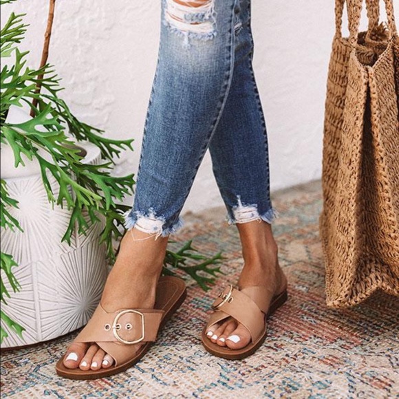 Tan Adjustable Buckle Criss Cross Sandals - Picture 2 of 11